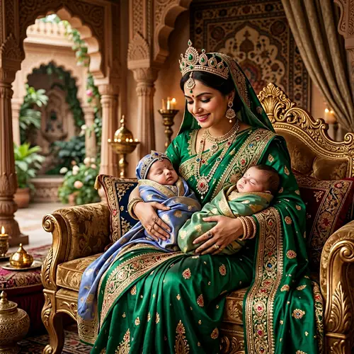 Queen Sumitra with Her Twin Sons: A Regal Scene