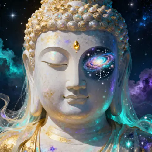 Colossal Cosmic Buddha Portrait in Hyper-Realism