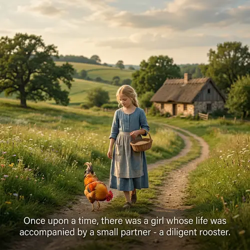 Serene Country Landscape with Gentle Girl and Loyal Rooster