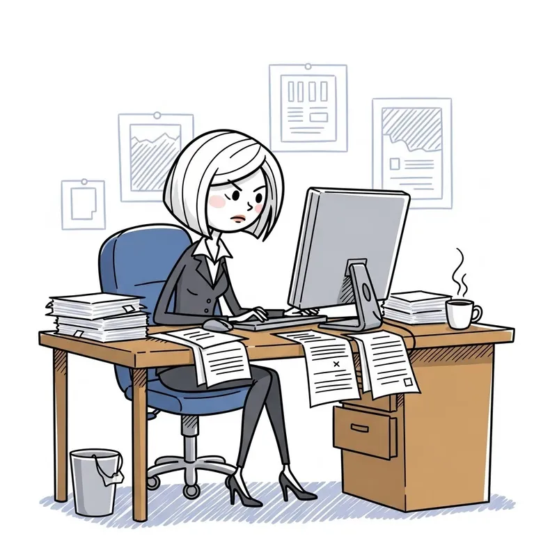 Corporate Woman Working at Desk - Cartoon Illustration