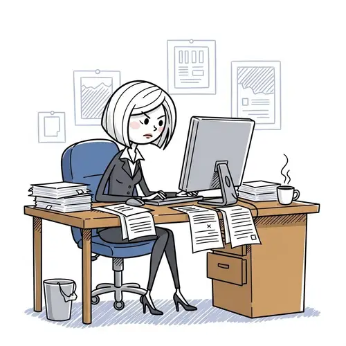 Corporate Woman Working at Desk - Cartoon Illustration