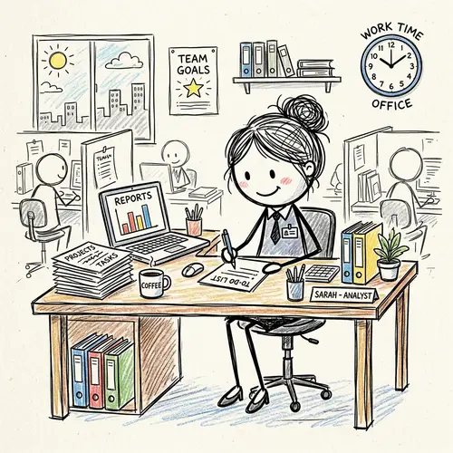 Corporate Woman Working at Desk - Cartoon Illustration