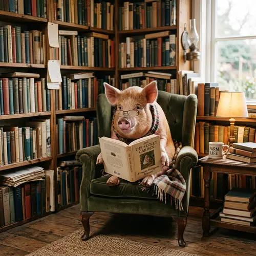 Pig Reading a Book - Fun Animal Illustration