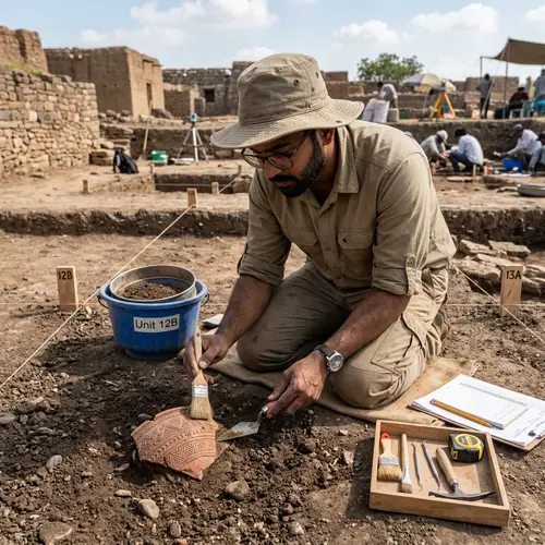 Experienced South Asian Male Archaeologist Unearthing Artifacts