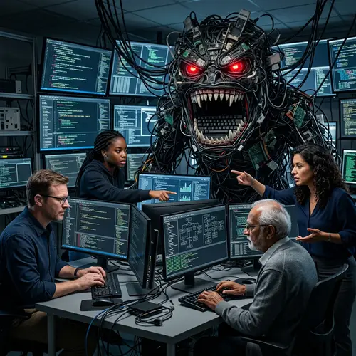 Diverse Computer Scientists Battling Digital Monsters
