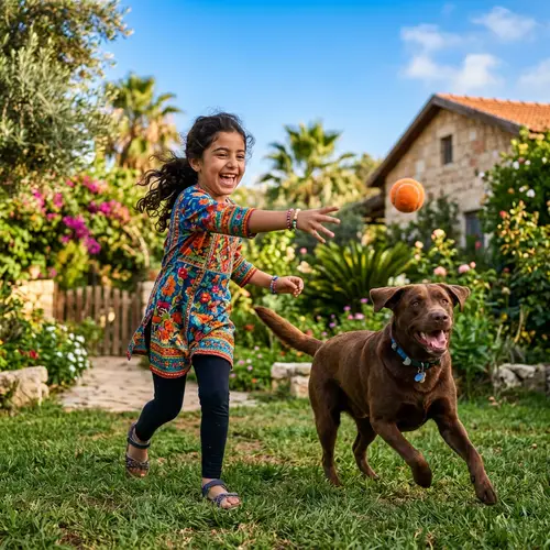 Joyful Middle-Eastern Girl Playing with Brown Dog in Sunlit Garden