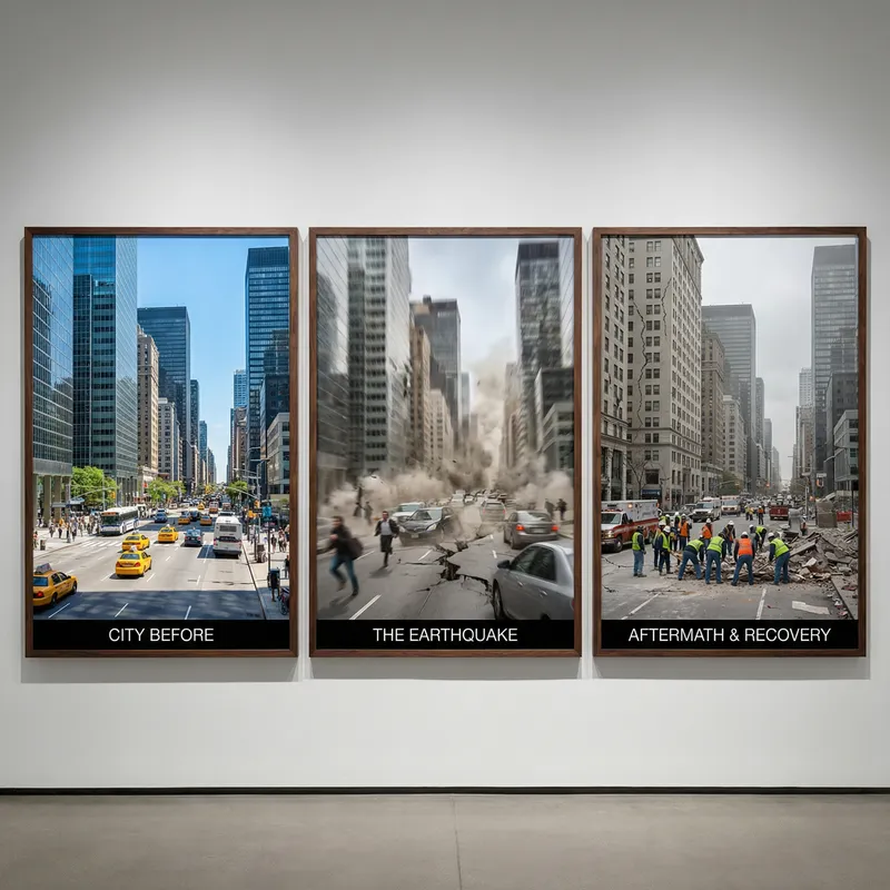 Dramatic Urban City Earthquake Before, During & After - Triptych