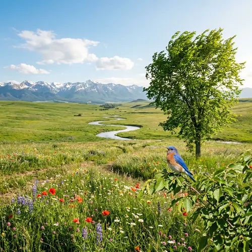 Tranquil Meadow Landscape with Majestic Mountains | Nature Scene