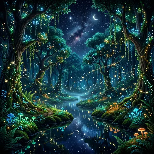 Enchanted Forest Night: Luminescent Flora & Celestial Harmony