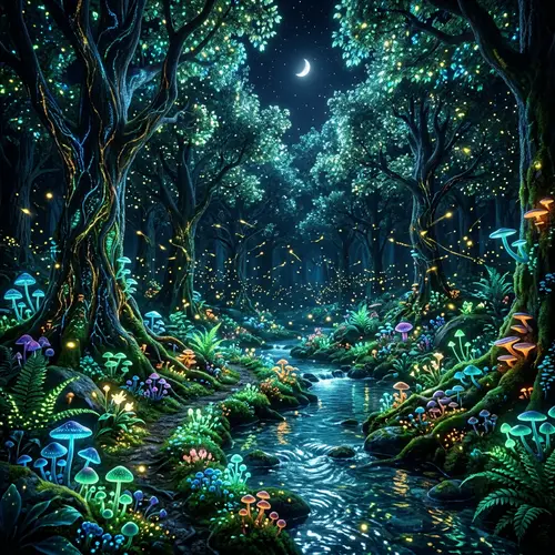 Enchanting Bioluminescent Forest at Night