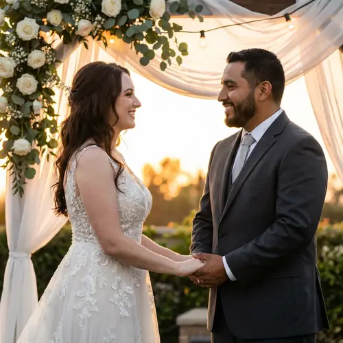 Romantic Wedding Scene with Fair-skinned Bride and Hispanic Groom