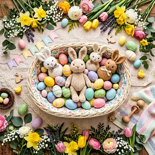 Baby Easter Photography Background with Quaint Basket, Bunnies, and Easter Eggs