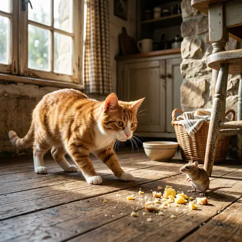 Adorable Cat and Brave Mouse Encounter in Rustic Kitchen