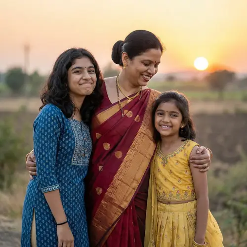 South Asian Mother and Daughters Portrait | Loving Family Sunset Shot