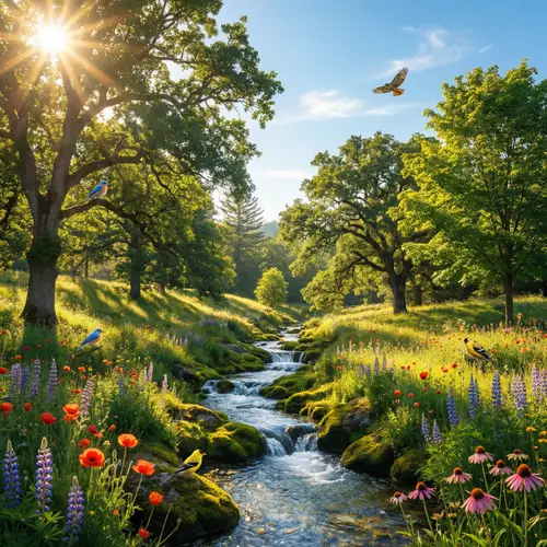 Serene Natural Landscape: Harmony of Verdant Trees and Gurgling Stream