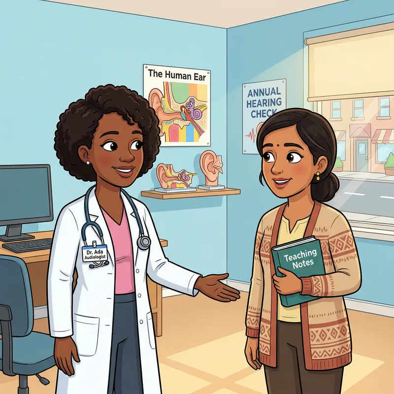 Cartoon Audiologist Meeting Teacher - Professional Encounter
