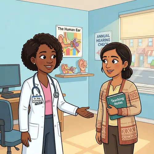 Audiologist Meeting Teacher - Professional Encounter Cartoon