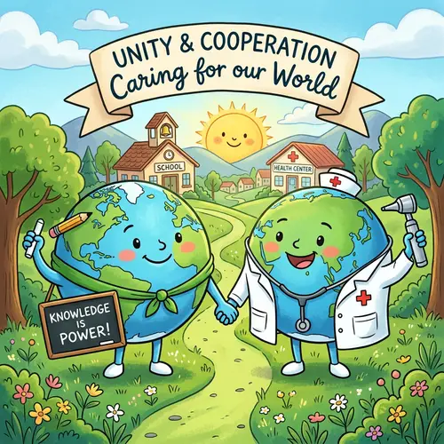 Unity of Education and Medicine: Cartoon Earths Holding Hands