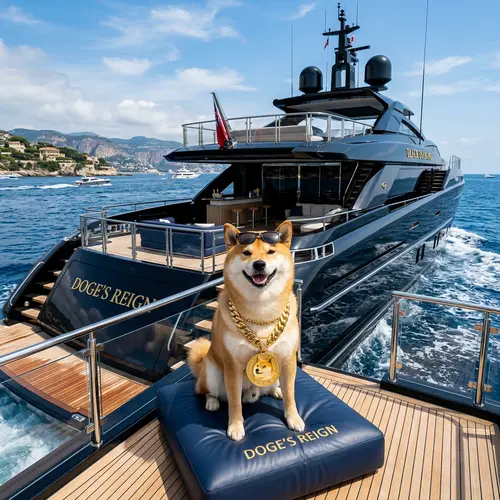 Doge with Gold Chain on a Black Yacht
