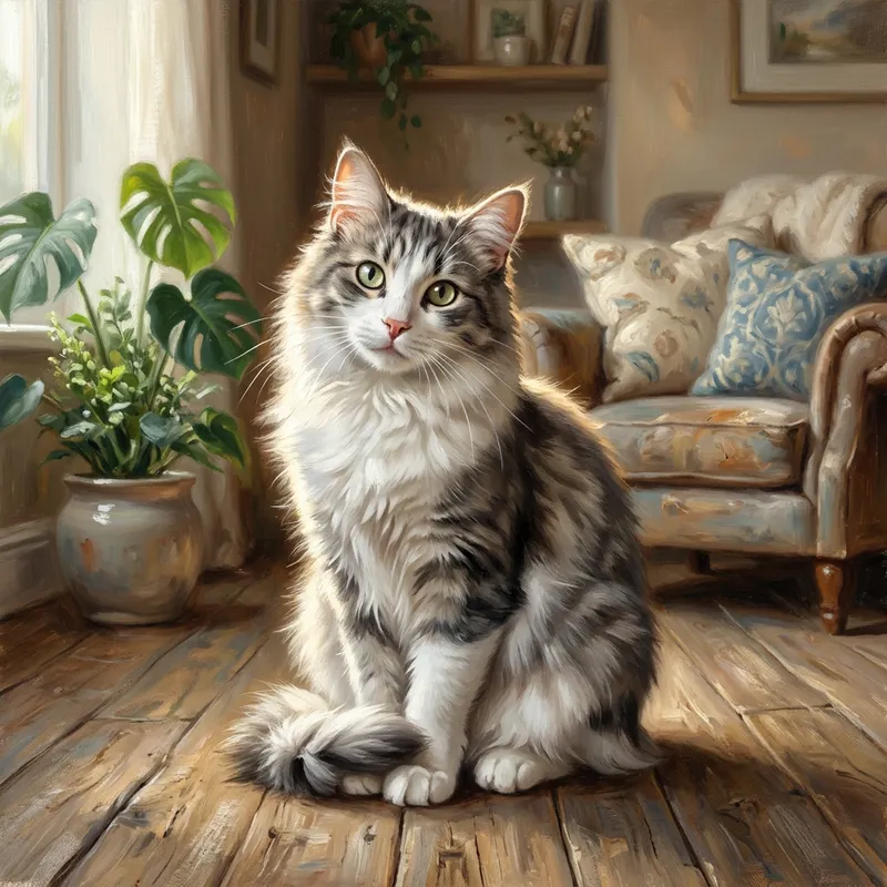 White and Grey Domestic Medium-Haired Cat Portrait