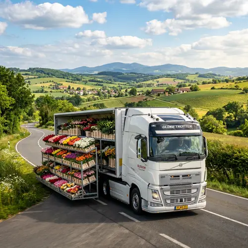 Colorful Flowers Loaded Euro Truck | Tranquil Countryside Scene