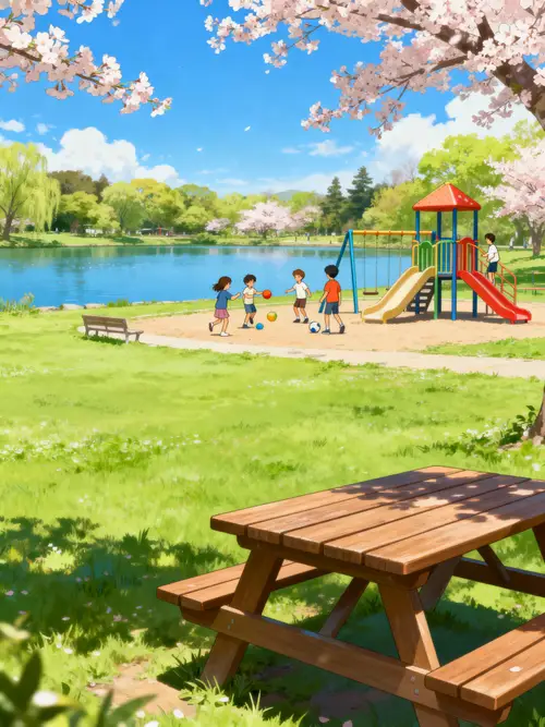 Anime Park with Lake and Playground - Spring Fun