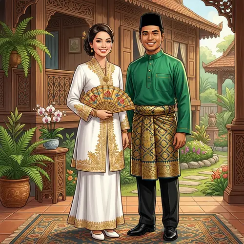 Traditional Malay Couple in Baju Kurung and Baju Melayu