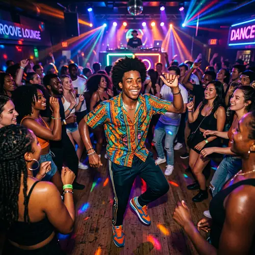 Vibrant Afro-Caribbean Boy Dancing in Lively Club