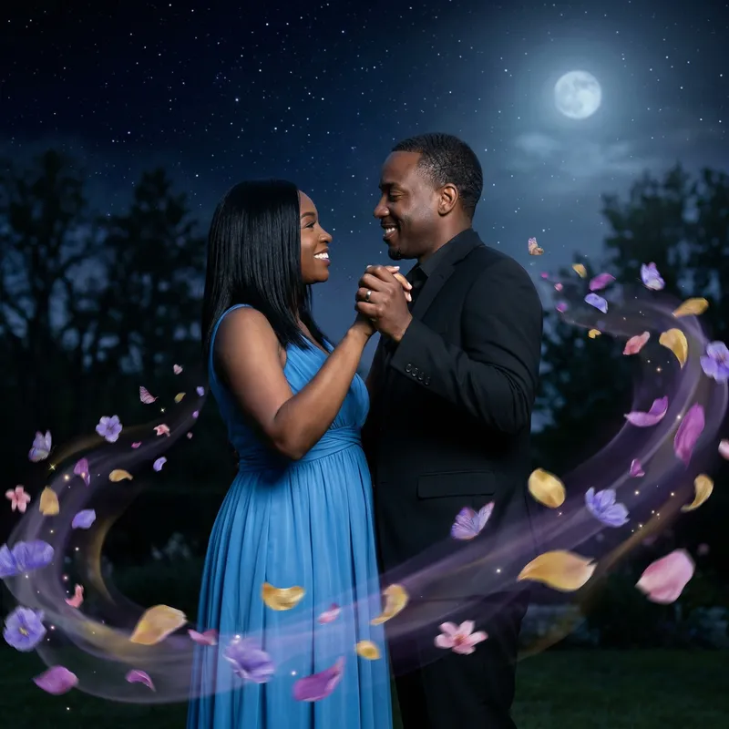 Expressive Love Dance: African-American Couple in Moonlit Serenade