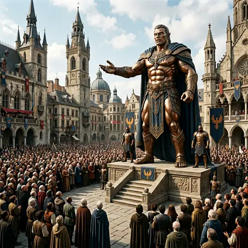 Majestic Bronze Giant Captivating Audience in Grand Square