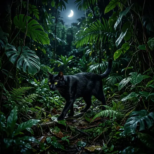 Black Cat in Jungle with Luminescent Eyes | Night Serenity