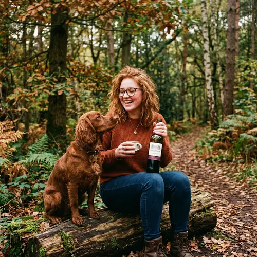 Drunk Girl in the Woods with Wine and Dog
