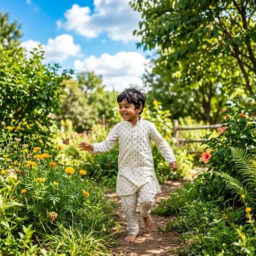 Joyous Indian Boy Playing Outdoors | Lush Greenery & Sunny Sky