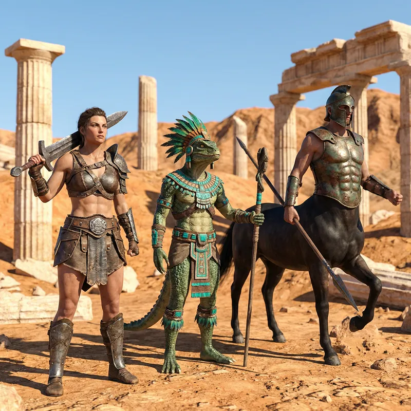 Epic Fantasy Battle: Female Conan, Lizardman, and Centaur in Ancient Desert Ruins