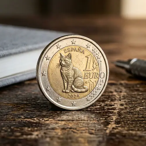 Unique One Euro Coin with Cat Engraving