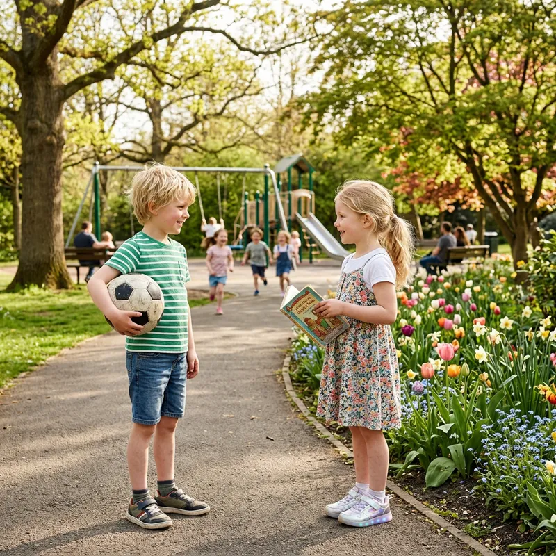 Bright and Joyful Encounter: Blonde Boy and Girl Meet in Park