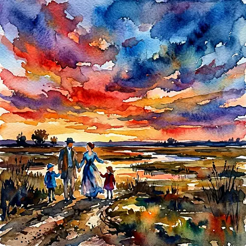 Impressionist Watercolour: Vibrant Sunset Landscape