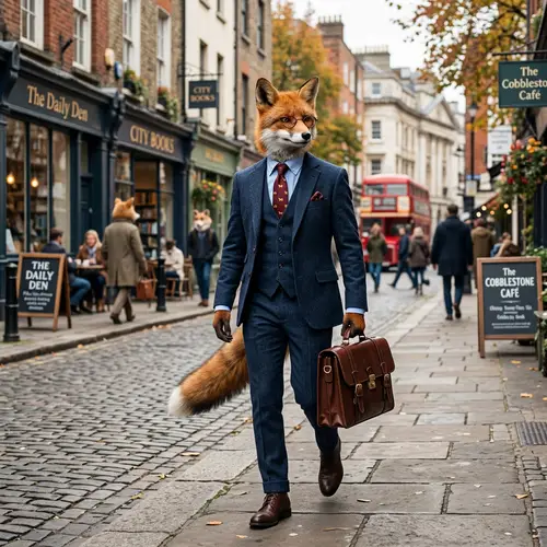 Dapper Fox with a Tie and Briefcase