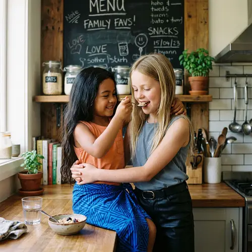 Heartwarming Kitchen Moment Between Two Girls