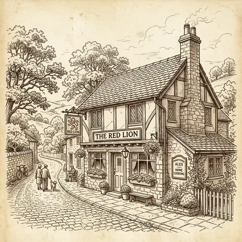 Traditional British Country Pub Art in Sepia
