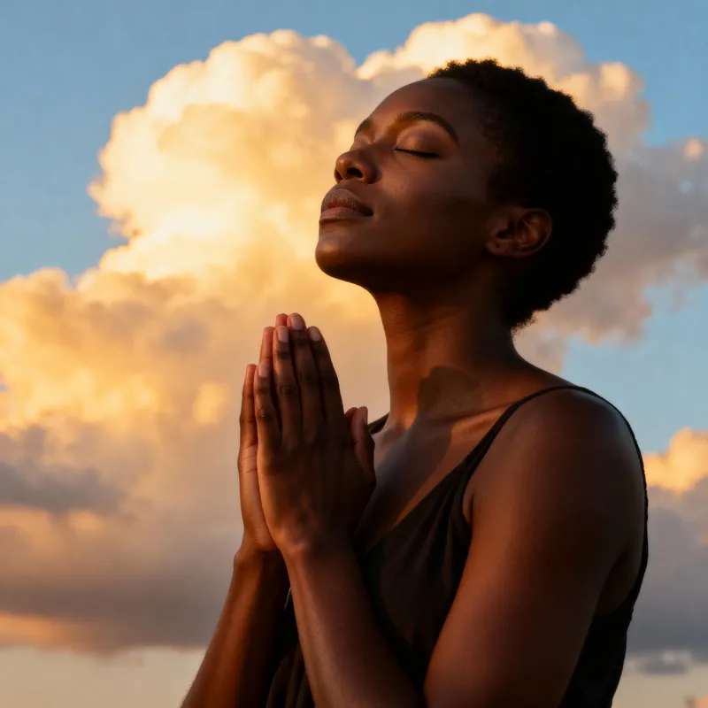Black Woman Praying Under Cloudy Skies