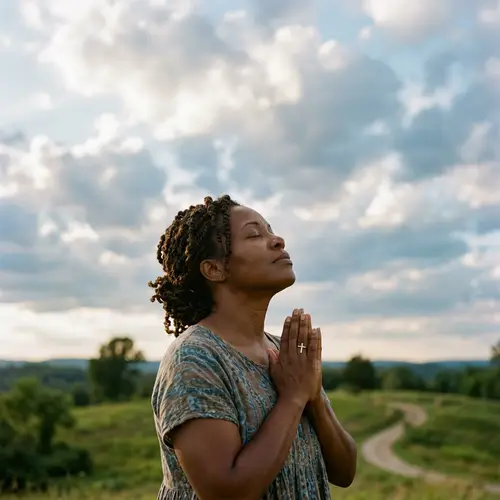 Black Woman Praying Under Cloudy Skies