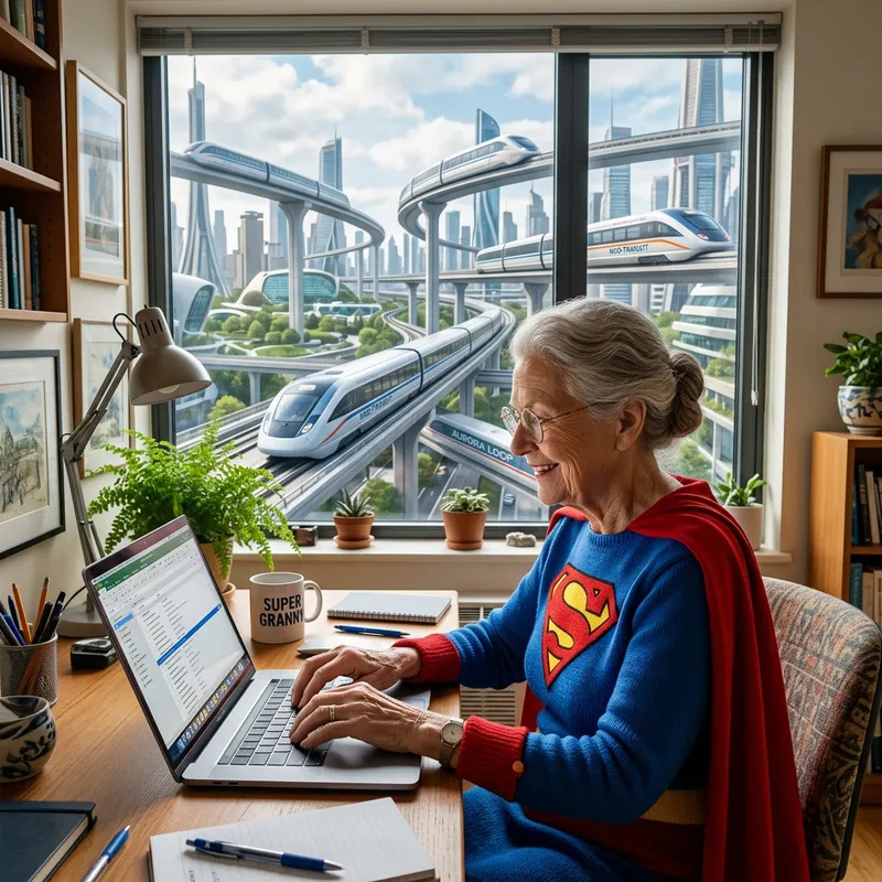 Elderly Woman in Superman Costume Working on Laptop | Futuristic Train Background