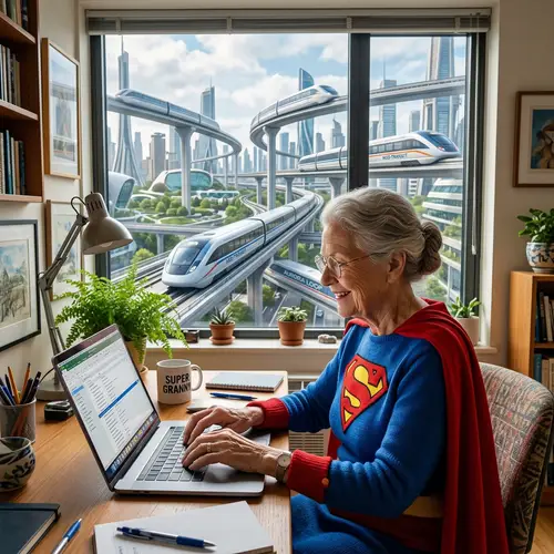Elderly Woman in Superhero Costume at Laptop | Futuristic Trains Vista