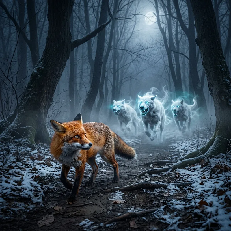 Creepy Night Chase: Ghostly Hounds Pursuing a Terrified Fox