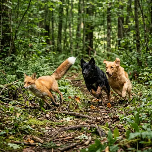 Sly Fox Chased by Dogs in Lush Forest - Wildlife Scene