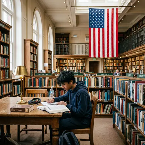 South Asian Boy Studying English in Library | Language Learning