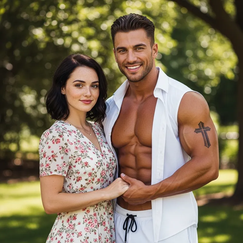 Beautiful Couple with Floral Dress and Cross Tattoo
