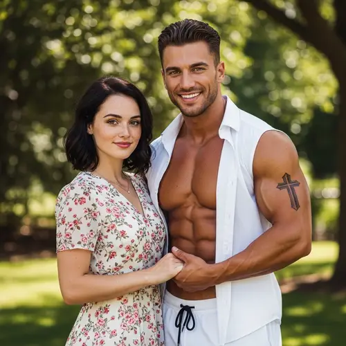 Beautiful Couple with Floral Dress and Cross Tattoo