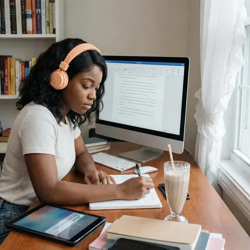 Young Black Writer with Headphones and Milkshake